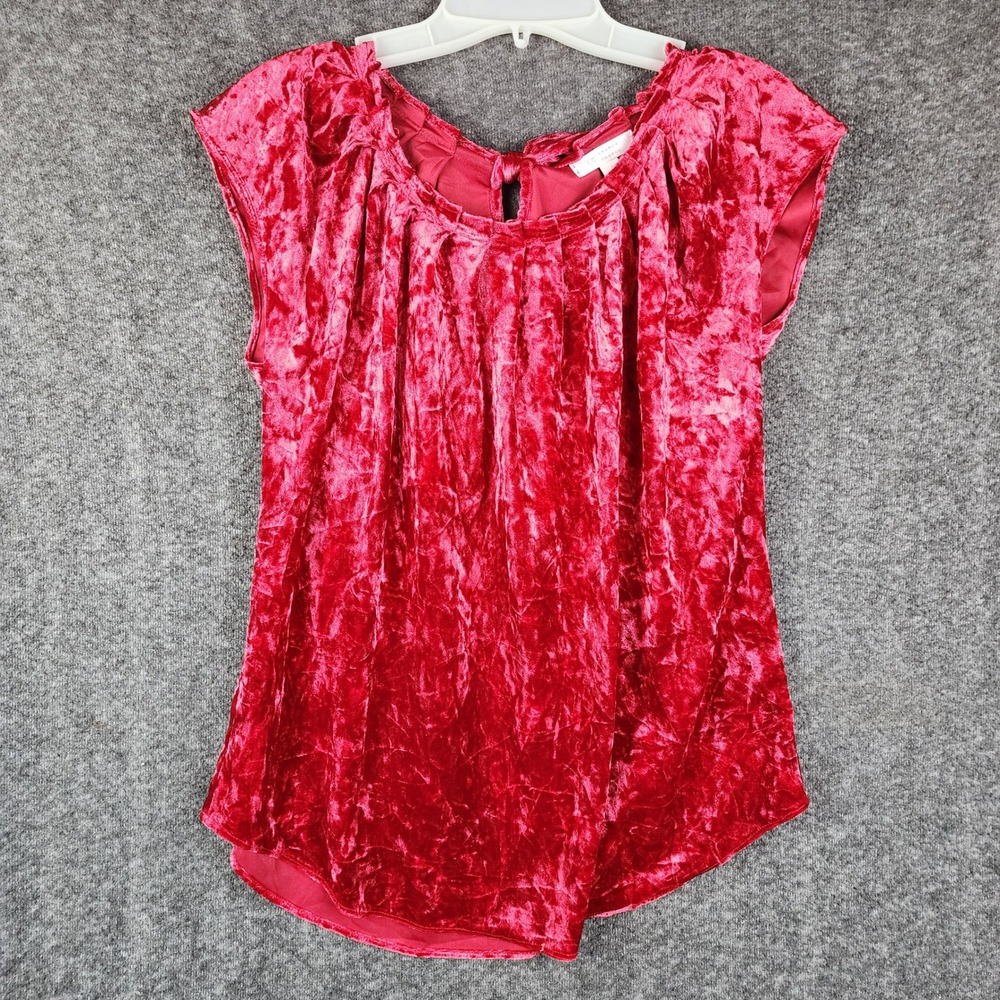 LC Lauren Conrad Blouse Womens S Red Crushed Velvet Pleated Back Tie Cap Sleeve